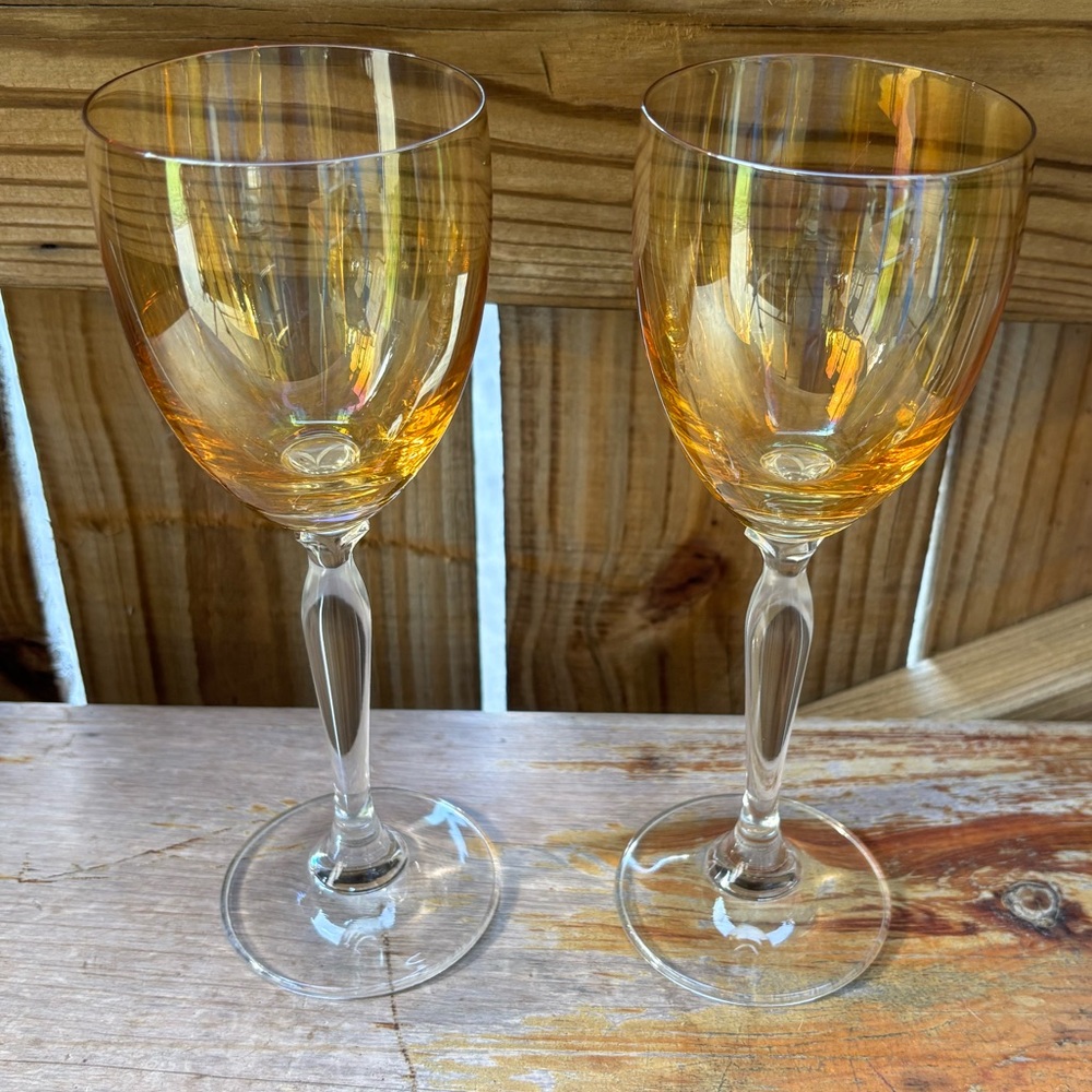 Set of 2 Vintage Iridescent Amber Wine Glasses Size 8oz